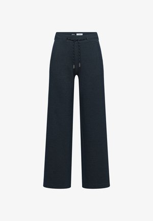 Pantalon à jambes larges en tissu bleu foncé, doté d'une taille à cordon, de détails sur les coutures latérales et d'une texture douce. Design épuré et simple.