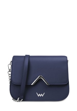 Navy blue leather shoulder bag with a magnetic flap, silver-tone hardware, and a decorative triangular accent. Chain strap included.