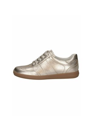 Scarpa da ginnastica metallizzata dorata con tomaia in pelle liscia, punta rotonda e suola in gomma gommata a contrasto. Presenta un classico design con lacci e strisce laterali.