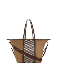 Sac fourre-tout avec un motif marron et beige, présentant un centre à motif géométrique. Comprend des poignées et une bandoulière amovible.