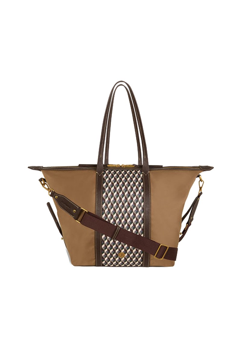 Sac fourre-tout avec un motif marron et beige, présentant un centre à motif géométrique. Comprend des poignées et une bandoulière amovible.