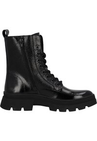 Stivali da combattimento neri in pelle lucida con finitura texture, dotati di chiusura con zip, lacci frontali e suola in gomma spessa.