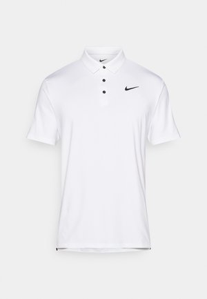 White Nike polo shirt with a classic collar, three black buttons, and a small black logo on the upper left side. Short sleeves, smooth texture.