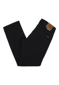 Sorte denim jeans med lige ben design, læderlap på den bageste talje og fem lomme stil. Glat tekstur hele vejen igennem.