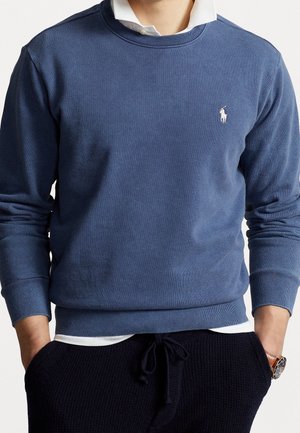 Blue cotton sweatshirt with long sleeves, ribbed cuffs, and crew neckline. Embroidered white logo on the chest. Worn over a collared shirt.