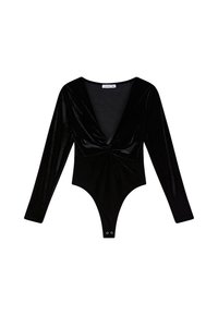 Czarny aksamitny bodysuit z długim rękawem, głębokim dekoltem w kształcie litery V oraz skręconym węzłem z przodu, z zatrzaskami w kroku.