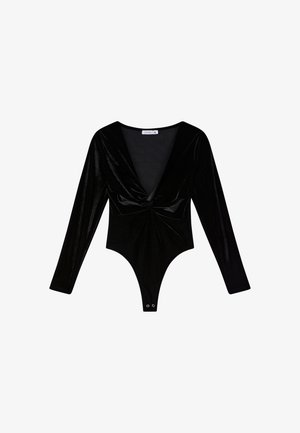 Body in velluto nero a maniche lunghe con scollatura a V profonda e dettaglio a nodo intrecciato nella parte anteriore, chiusure a scatto all'inguine.