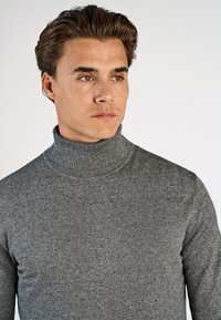 Grauer Rollkragenpullover mit einer taillierten Form, gestrickter Textur und Rollkragen, der subtile variationsreiche Farbtöne aufweist. Schlichte, klassische Optik.