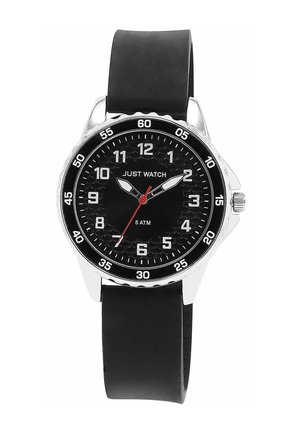 Schwarze analoge Armbanduhr mit einem runden silbernen Gehäuse, schwarzem strukturiertem Zifferblatt, weißen Stundenmarkierungen, rotem Sekundenzeiger und schwarzem Silikonarmband.