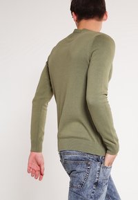 Olivgrüner Strickpullover mit Rundhalsausschnitt, figurbetonten Ärmeln und geripptem Saum, kombiniert mit hellblauen Jeans in einer lässigen Umgebung.