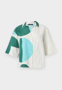 Chemise à manches courtes présentant un mélange de motifs abstraits verts et bleu clair, avec un devant boutonné et un col classique. Fabriquée en coton.