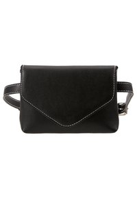 Černá kožená psaníčko s překlápěcí chlopní, bílým prošíváním a odnímatelným popruhem. Hladká textura s obdélníkovým tvarem.