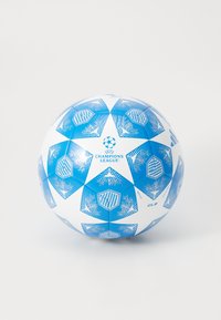 White and blue soccer ball featuring hexagonal and pentagonal panels with a Champions League logo and intricate pattern details.