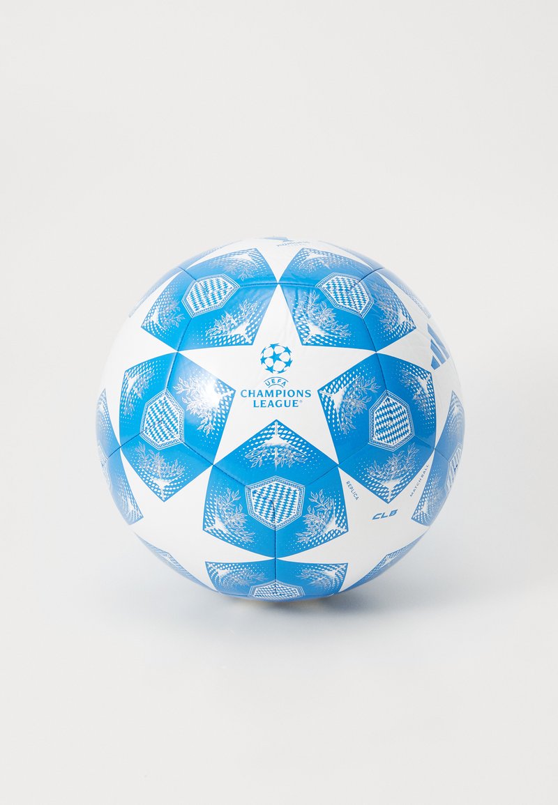 White and blue soccer ball featuring hexagonal and pentagonal panels with a Champions League logo and intricate pattern details.