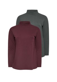 Zestaw dwóch długich bluzek z golfem: jedna w głębokim burgundzie, a druga w ciemnoszarym kolorze, obie z gładkiego, miękkiego materiału i w regularnym fasonie.