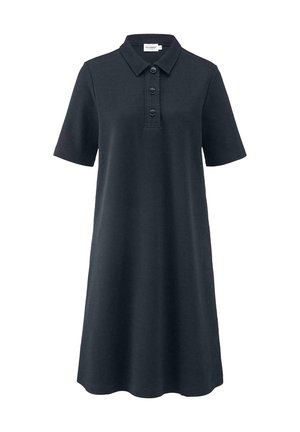 Donker marineblauw polokleed, korte mouwen, gekraagde halslijn, drieknopsfolie, gemaakt van zachte jersey stof, knielang, relaxte pasvorm.