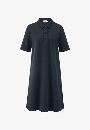 Donker marineblauw polokleed, korte mouwen, gekraagde halslijn, drieknopsfolie, gemaakt van zachte jersey stof, knielang, relaxte pasvorm.