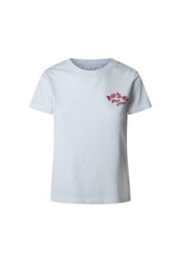 Camiseta de algodón blanca con mangas cortas, que presenta un diseño floral rojo y el texto "Pepe Jeans" en la parte izquierda del pecho. Cuello redondo clásico.
