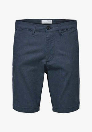 Mænds mørkeblå stribede shorts lavet af vævet stof, med knaplukning, bæltestropper og opsmøgede kant.