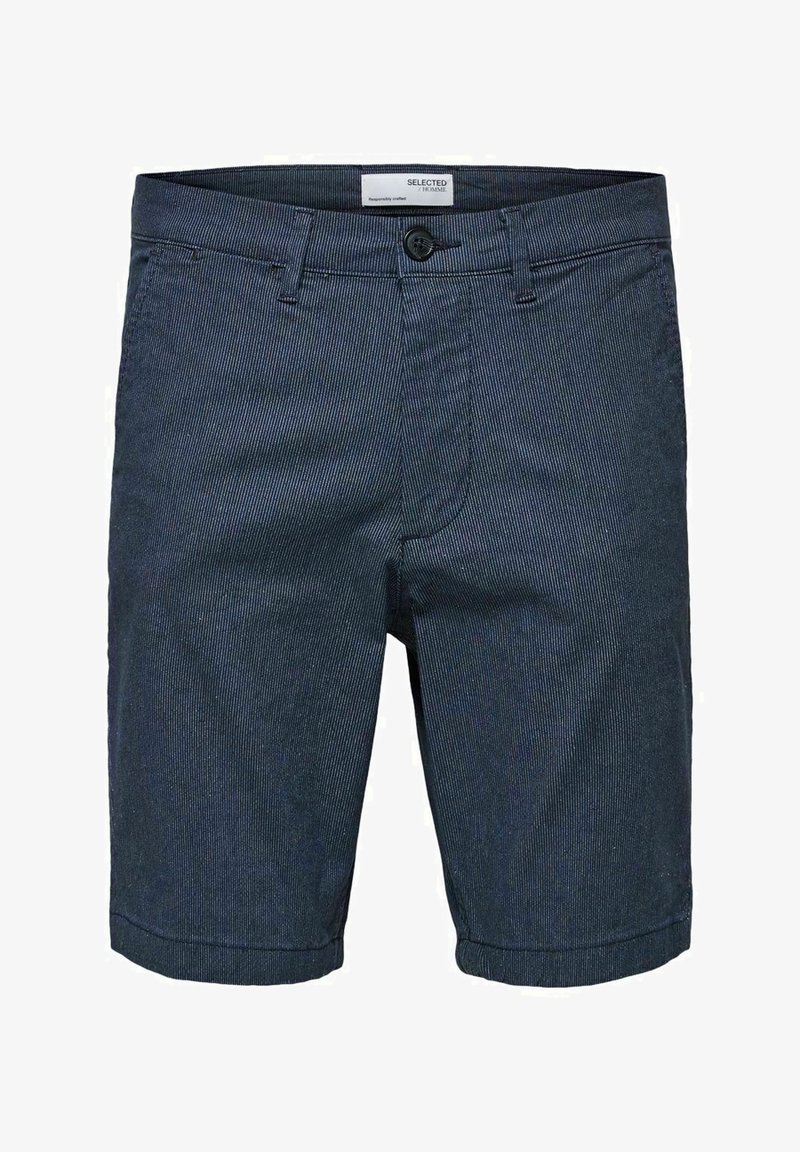 Shorts pour hommes en bleu marine à rayures, en tissu tissé, dotés d'une fermeture à bouton, de passants de ceinture et d'ourlets retroussés.