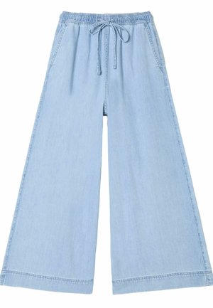 Hellblaue, weite Hose aus Denim mit elastischem Bund und Kordelzug sowie Seitentaschen. Glatte Textur und gerader Saum.