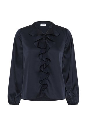 Blouse en satin bleu marine avec un devant à volants, manches longues à poignets froncés et col plat. Texture lisse et tombé élégant.