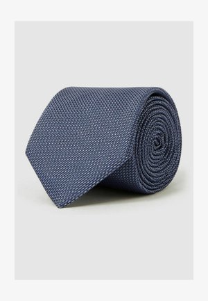 Tumesinine kootud lips, voolujooneline disain, ümara otsaga, tekstuuriga kangas õrna mustriga. Kenasti rullitud esitamiseks.