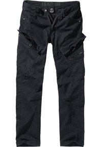 Schwarze Cargo-Hosen aus strapazierfähigem Stoff, ausgestattet mit mehreren Taschen, Reißverschlüssen und einem verstellbaren Bund für Funktionalität und Komfort.