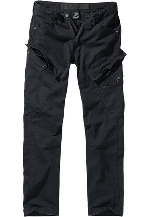 Schwarze Cargo-Hosen aus strapazierfähigem Stoff, ausgestattet mit mehreren Taschen, Reißverschlüssen und einem verstellbaren Bund für Funktionalität und Komfort.