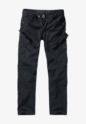 Pantaloni cargo neri realizzati in tessuto resistente, dotati di molteplici tasche, cerniere e una vita regolabile per utilità e comfort.