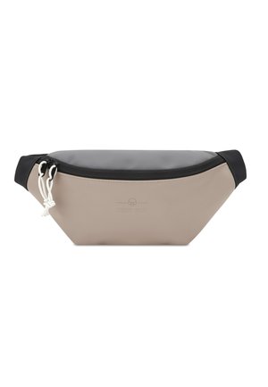 Beige og grå bæltetaske med sorte kanter og hvide lynlåstræk, rektangulær form med logo præget foran i midten.