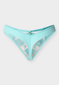 Γυναικεία εσώρουχα από γαλάζια δαντέλα με κεντήματα λουλουδιών και χρυσό δαχτυλίδι στη μπροστινή μέση.