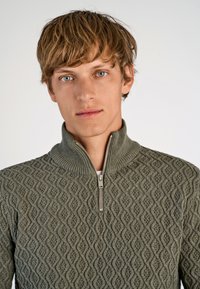 Sweter w kolorze oliwkowej zieleni z dzianiny, z teksturowanym wzorem w diamenty, wysokim kołnierzem i pół zamkiem błyskawicznym przy dekolcie.