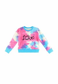 Różowo-niebieska bluza tie-dye z długimi rękawami, okrągłym dekoltem, ściągaczami u rękawów i czarną haftowaną grafiką "Love" z przodu.