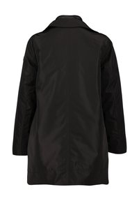 Manteau noir à manches longues avec un col, montré de dos, en tissu lisse avec un ourlet droit et sans fermetures visibles.