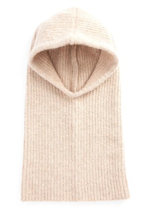 Beżowa dzianinowa wełniana kominiarka o prążkowanej fakturze, zaprojektowana tak, by zakrywać głowę i szyję, z otworem na twarz.