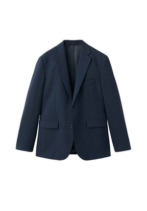 Marineblauer einreihiger Blazer mit Kerbaufschlägen, zwei vorderen Pattentaschen, einer Brusttasche mit Paspel und zwei Knöpfen vorne.