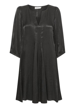 Rochie neagră cu decolteu în V, mâneci 3/4 și o siluetă fluidă în formă de A, cu o textură subtilă de piele de șarpe.