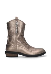 Stivale da cowboy in bronzo metallico con lavorazione a rilievo, accentuato da un pannello decorativo di strass e un tacco in legno basso. Texture liscia.
