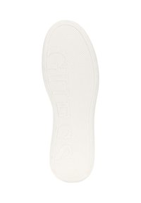 Plantilla blanca de zapatilla de goma con superficie texturizada y logo en relieve. Cuenta con puntera redondeada y bordes ligeramente más gruesos para mayor soporte.