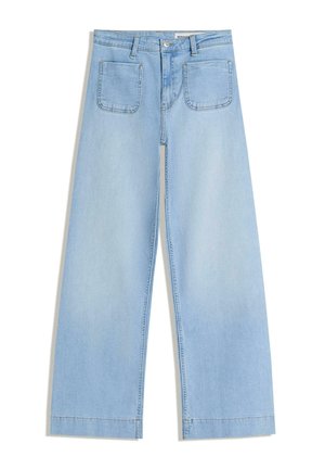 Blugi largi cu talie înaltă, de culoare bleu, din denim, cu două buzunare în spate și tivuri curate, fără decorațiuni.