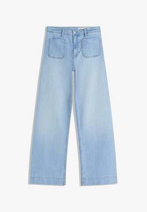Light blue wide-leg jeans made of denim, featuring a high waist, two back pockets, and clean hems with no embellishments.