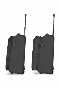 Valigia nera con ruote, manico telescopico, forma rettangolare, esterno in tessuto resistente, chiusure con zip lisce e doppie ruote.