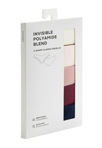 Pack de cinq culottes bikini classiques en forme de V invisibles en mélange de polyamide, couleurs neutres et foncées, emballage blanc pour la vente au détail.