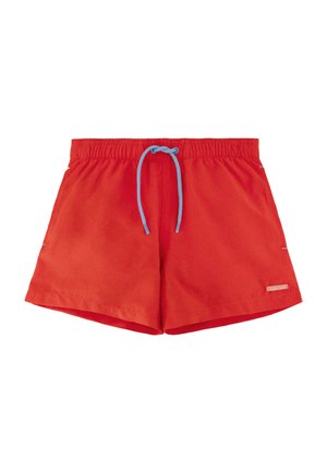 Bañador rojo con cintura elástica y cordón azul claro, con una pequeña etiqueta de logo en la pierna derecha inferior.