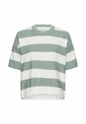 Koszulka z krótkim rękawem, dzianinowa, z szerokimi poziomymi zielono-białymi paskami i okrągłym dekoltem.