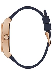 Rosaguld smartwatch med rektangulær kasse, glat navy silikonearmbånd, justerbart med en metalspænde, slankt design.