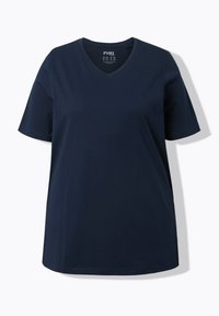 Marineblaue T-Shirt mit kurzen Ärmeln und V-Ausschnitt, geradem Saum, flach auf weißem Hintergrund dargestellt.