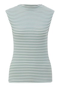 Haut sans manches côtelé avec de fines rayures horizontales vertes et blanches et un col large légèrement en forme de bateau.