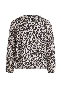 Leopardenmuster Langarmshirt in Beige, Schwarz und Braun. Lockerer Schnitt mit gerafften Bündchen und Rundhalsausschnitt. Weiche Textiloberfläche.